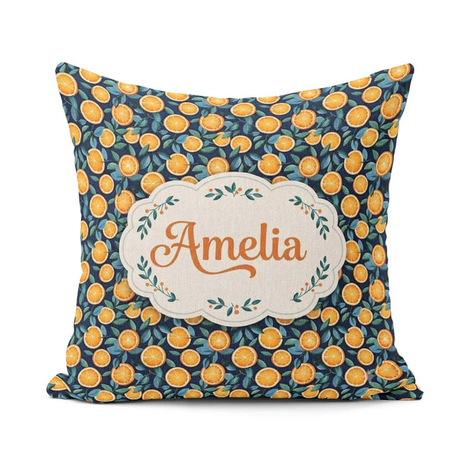 Custom Name Detailed Orange Slice and Leaf on Dark Blue Seamless Square Filled Cushion Throw Pillow Sofa Bed Home Decor Zip Washable UK Made