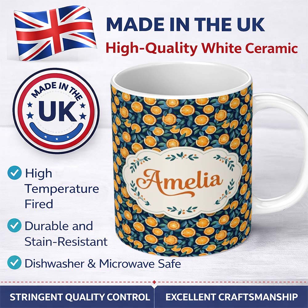 Personalized Custom Name Detailed Orange Slice and Leaf Pattern on Dark Blue Seamless Name 11oz Ceramic Coffee Tea Mug White Large Handle
