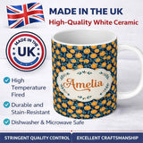 Personalized Custom Name Detailed Orange Slice and Leaf Pattern on Dark Blue Seamless Name 11oz Ceramic Coffee Tea Mug White Large Handle