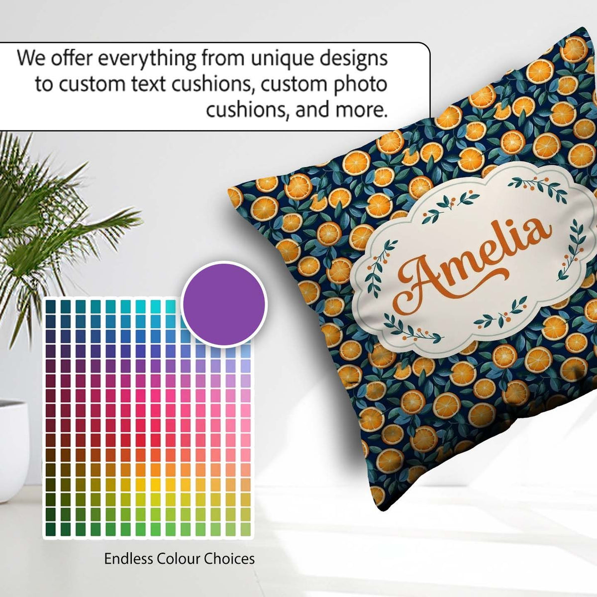 Custom Name Detailed Orange Slice and Leaf on Dark Blue Seamless Square Filled Cushion Throw Pillow Sofa Bed Home Decor Zip Washable UK Made