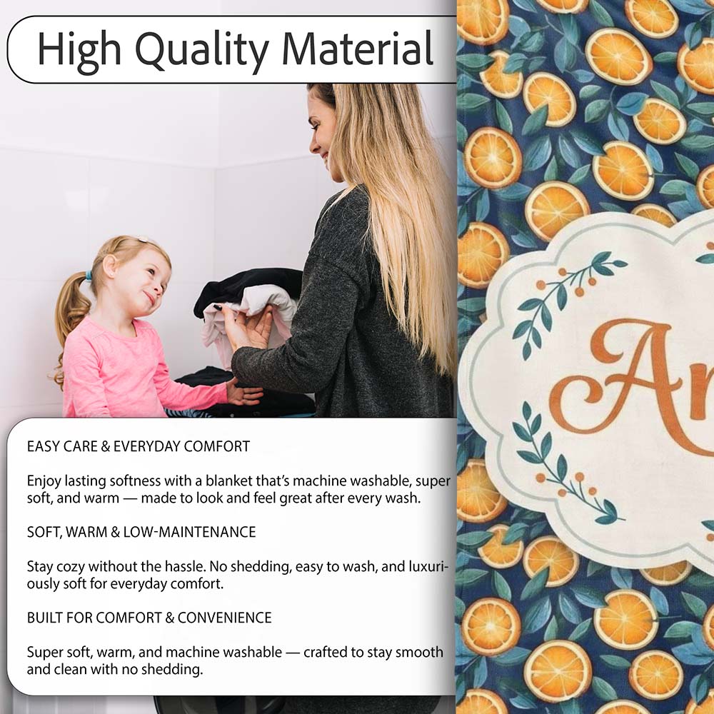 Detailed Orange Slice and Leaf Pattern on Dark Blue Seamless Name  Personalised Custom Name Super Soft Fleece Blanket Bed Sofa Throw