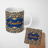 Personalized Custom Name Orange Fruit and Citrus Slice Pattern on Navy Background Seamless 11oz Ceramic Coffee Tea Mug White Large Handle