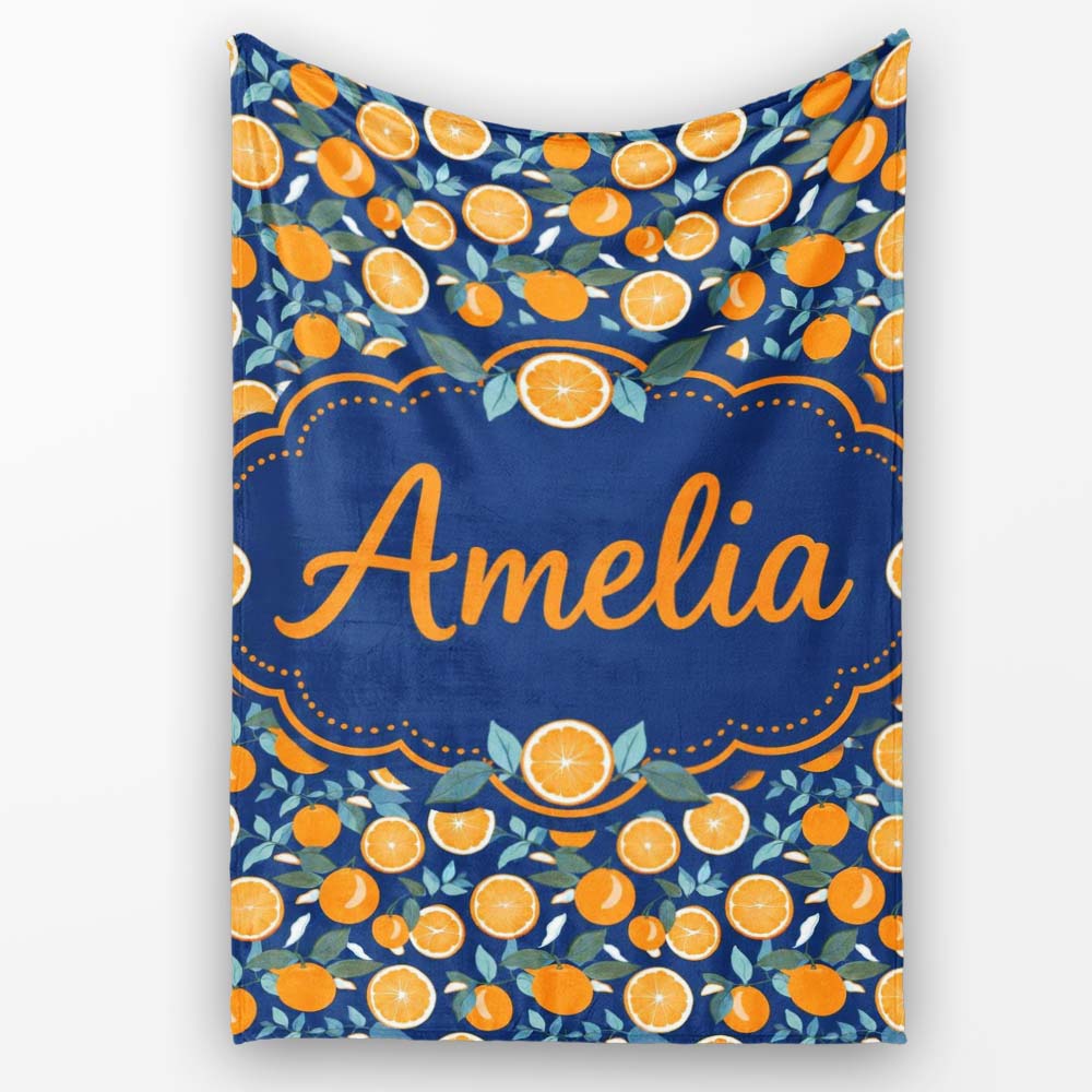 Orange Fruit and Citrus Slice Pattern on Navy Background Seamless  Personalised Custom Name Super Soft Fleece Blanket Bed Sofa Throw