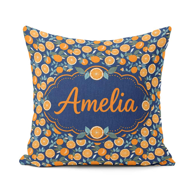 Custom Name Orange Fruit Citrus Slice Pattern on Navy Background Square Filled Cushion Throw Pillow Sofa Bed Home Decor Zip Washable UK Made