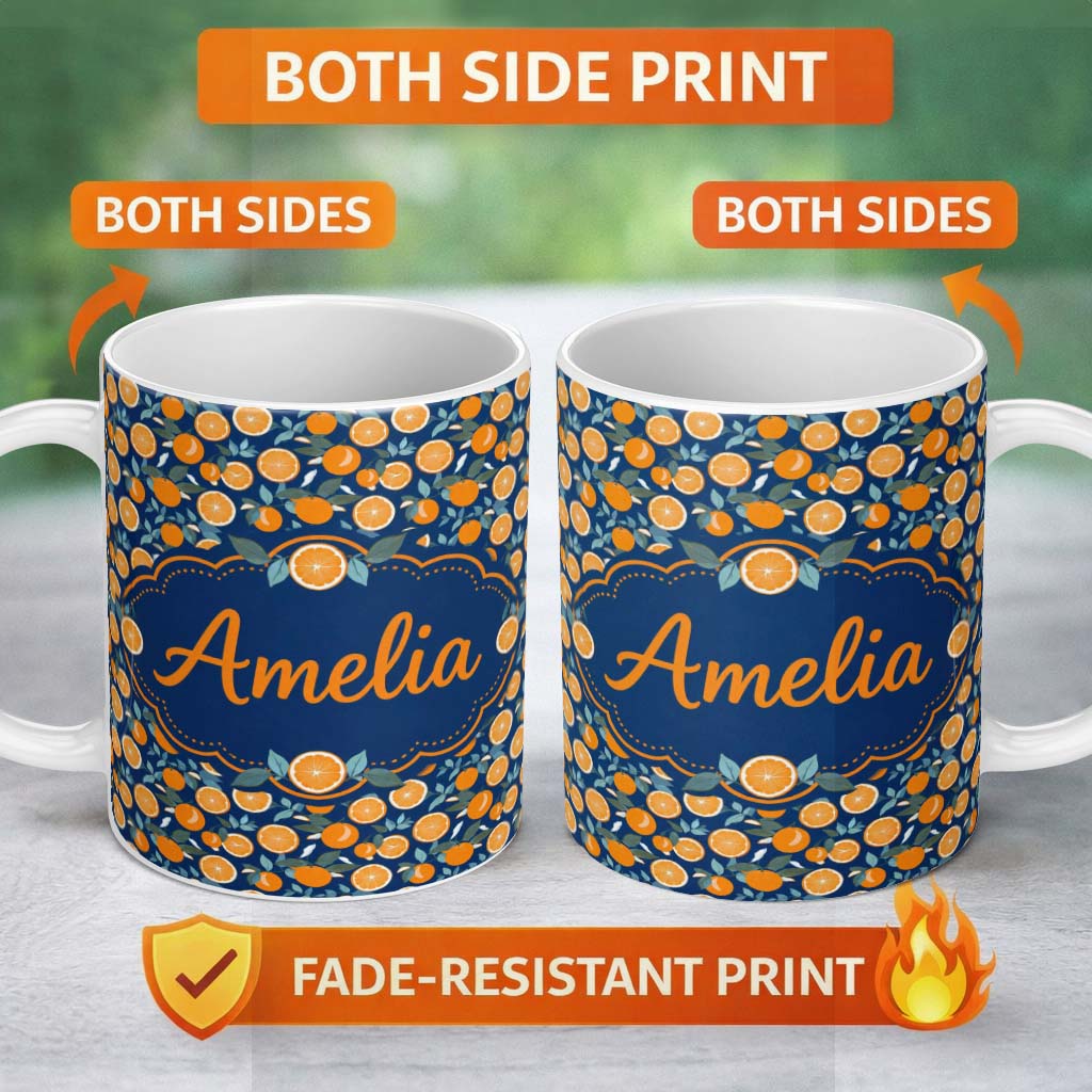 Personalized Custom Name Orange Fruit and Citrus Slice Pattern on Navy Background Seamless 11oz Ceramic Coffee Tea Mug White Large Handle