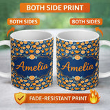 Personalized Custom Name Orange Fruit and Citrus Slice Pattern on Navy Background Seamless 11oz Ceramic Coffee Tea Mug White Large Handle