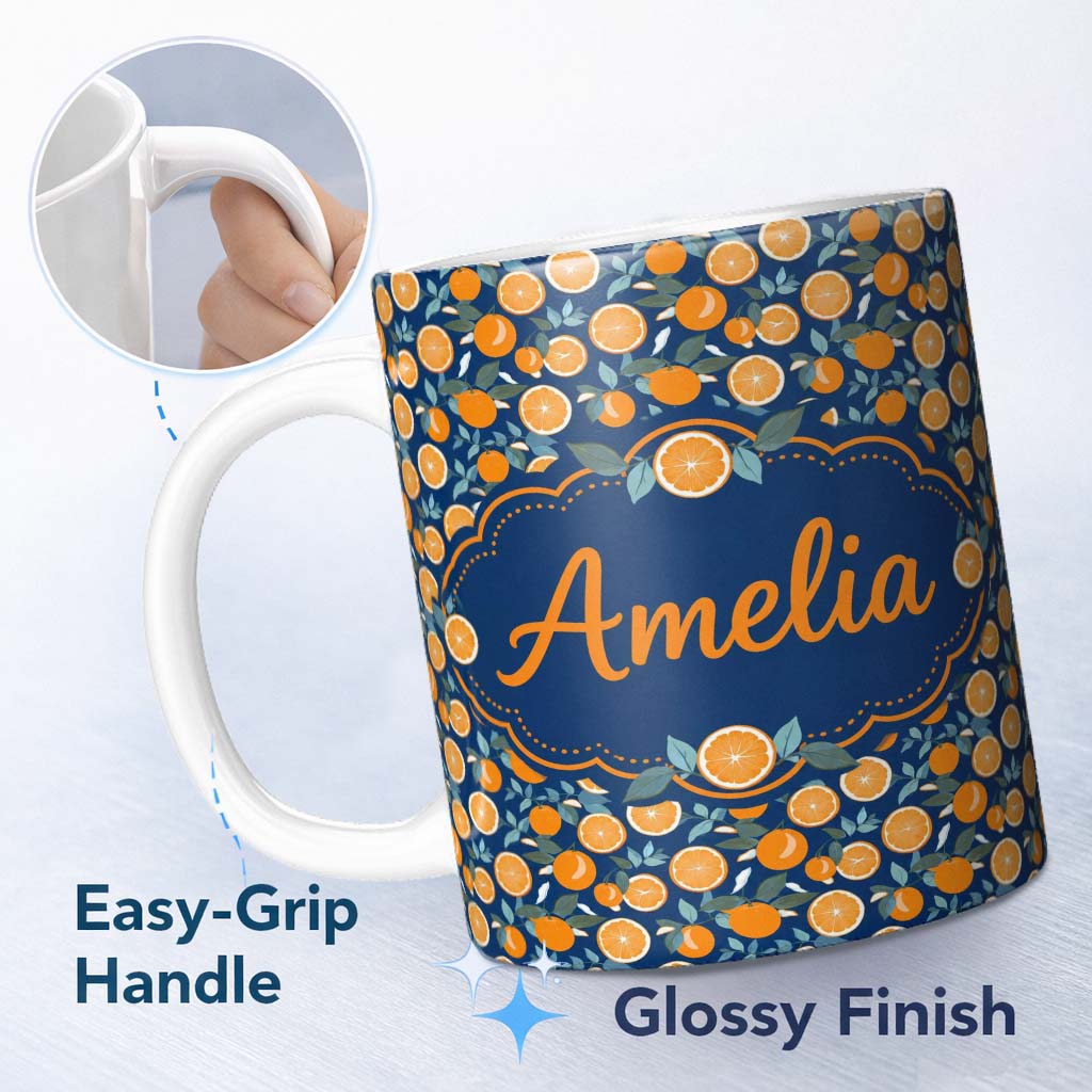 Personalized Custom Name Orange Fruit and Citrus Slice Pattern on Navy Background Seamless 11oz Ceramic Coffee Tea Mug White Large Handle