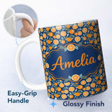 Personalized Custom Name Orange Fruit and Citrus Slice Pattern on Navy Background Seamless 11oz Ceramic Coffee Tea Mug White Large Handle