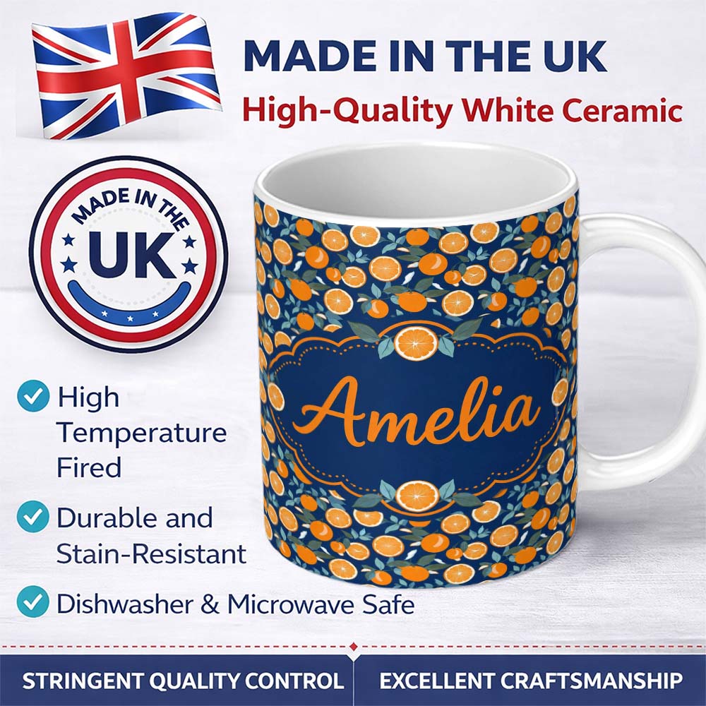 Personalized Custom Name Orange Fruit and Citrus Slice Pattern on Navy Background Seamless 11oz Ceramic Coffee Tea Mug White Large Handle