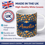 Personalized Custom Name Orange Fruit and Citrus Slice Pattern on Navy Background Seamless 11oz Ceramic Coffee Tea Mug White Large Handle