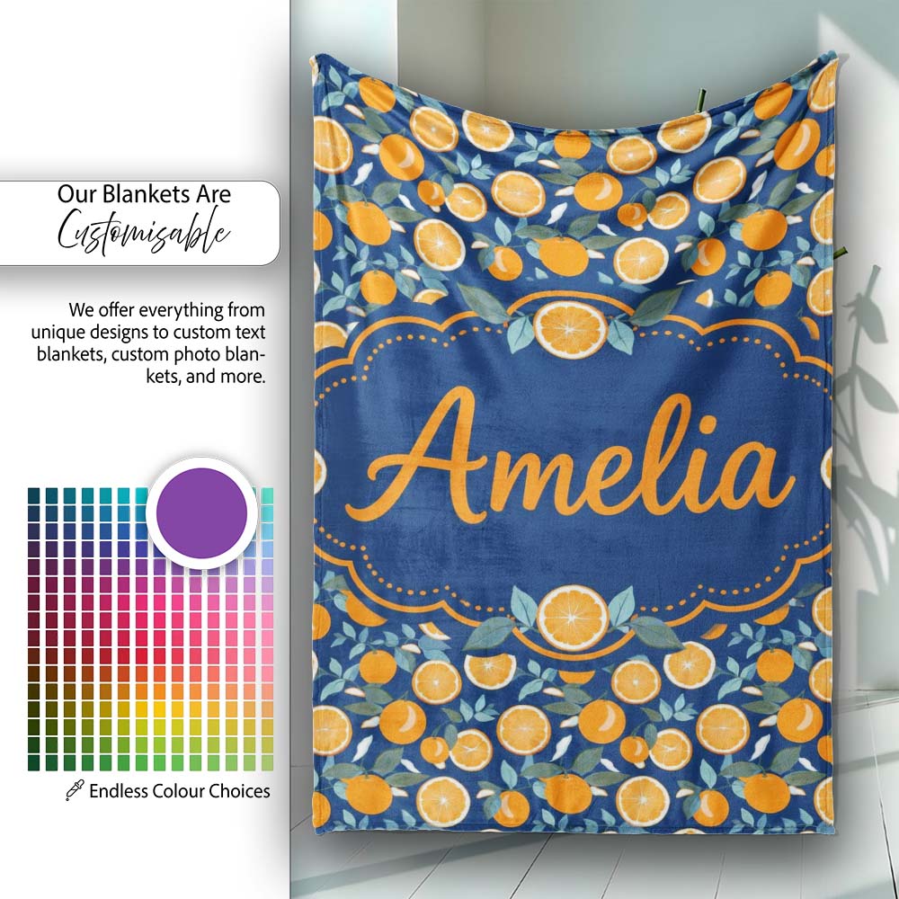 Orange Fruit and Citrus Slice Pattern on Navy Background Seamless  Personalised Custom Name Super Soft Fleece Blanket Bed Sofa Throw