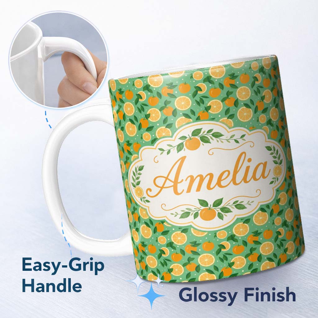 Personalized Custom Name Cute Orange and Leaf Pattern on Soft Green Background Seamless 11oz Ceramic Coffee Tea Mug White Large Handle