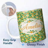 Personalized Custom Name Cute Orange and Leaf Pattern on Soft Green Background Seamless 11oz Ceramic Coffee Tea Mug White Large Handle