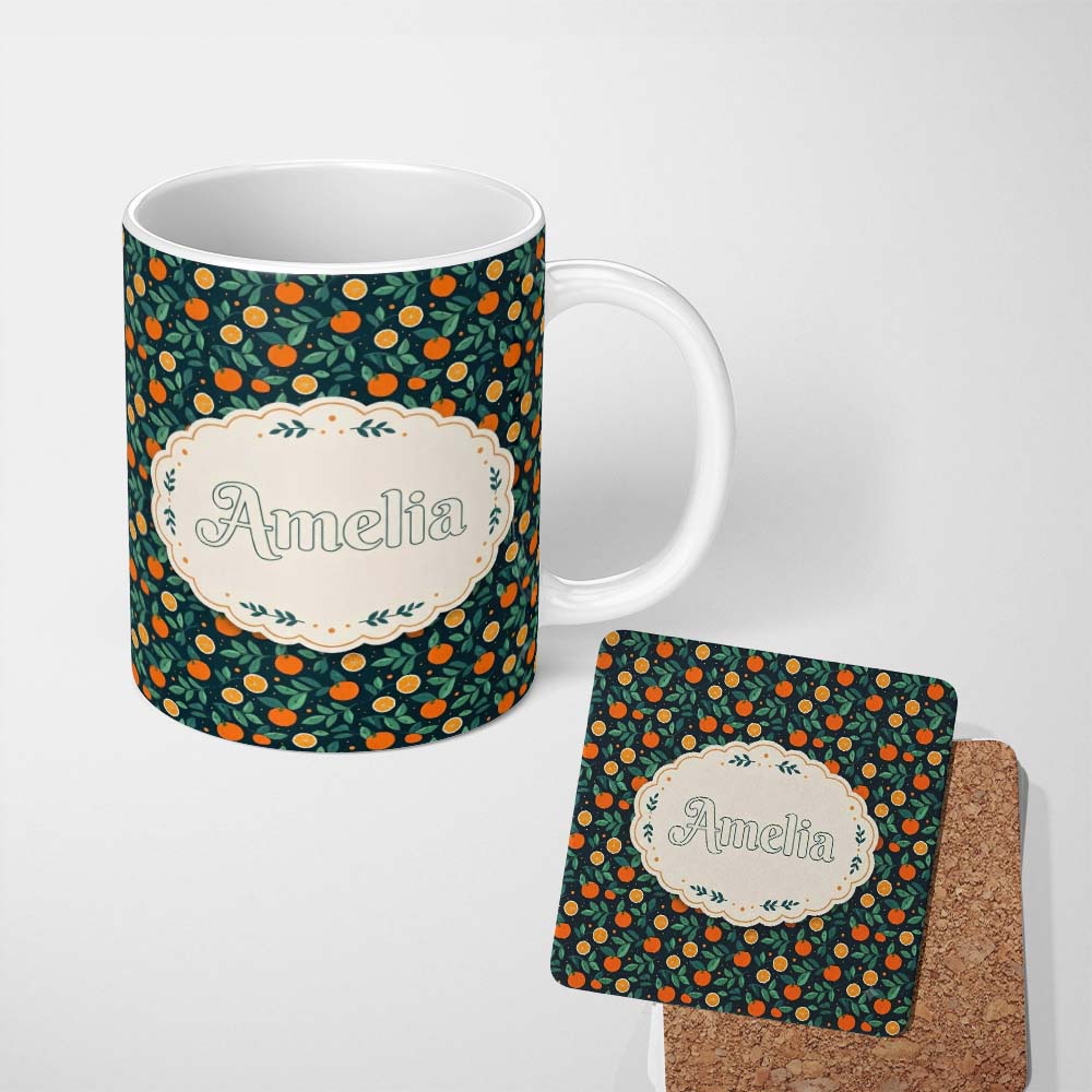 Personalized Custom Name Minimal Orange Fruit and Leaf Pattern on Dark Teal Background 11oz Ceramic Coffee Tea Mug White Large Handle