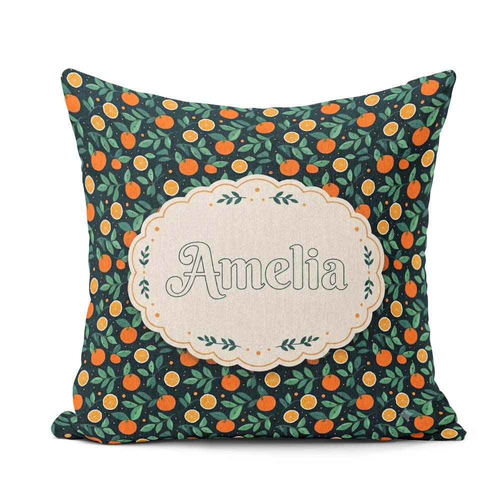 Custom Name Minimal Orange Fruit and Leaf Pattern on Dark Teal Square Filled Cushion Throw Pillow Sofa Bed Home Decor Zip Washable UK Made