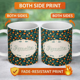 Personalized Custom Name Minimal Orange Fruit and Leaf Pattern on Dark Teal Background 11oz Ceramic Coffee Tea Mug White Large Handle
