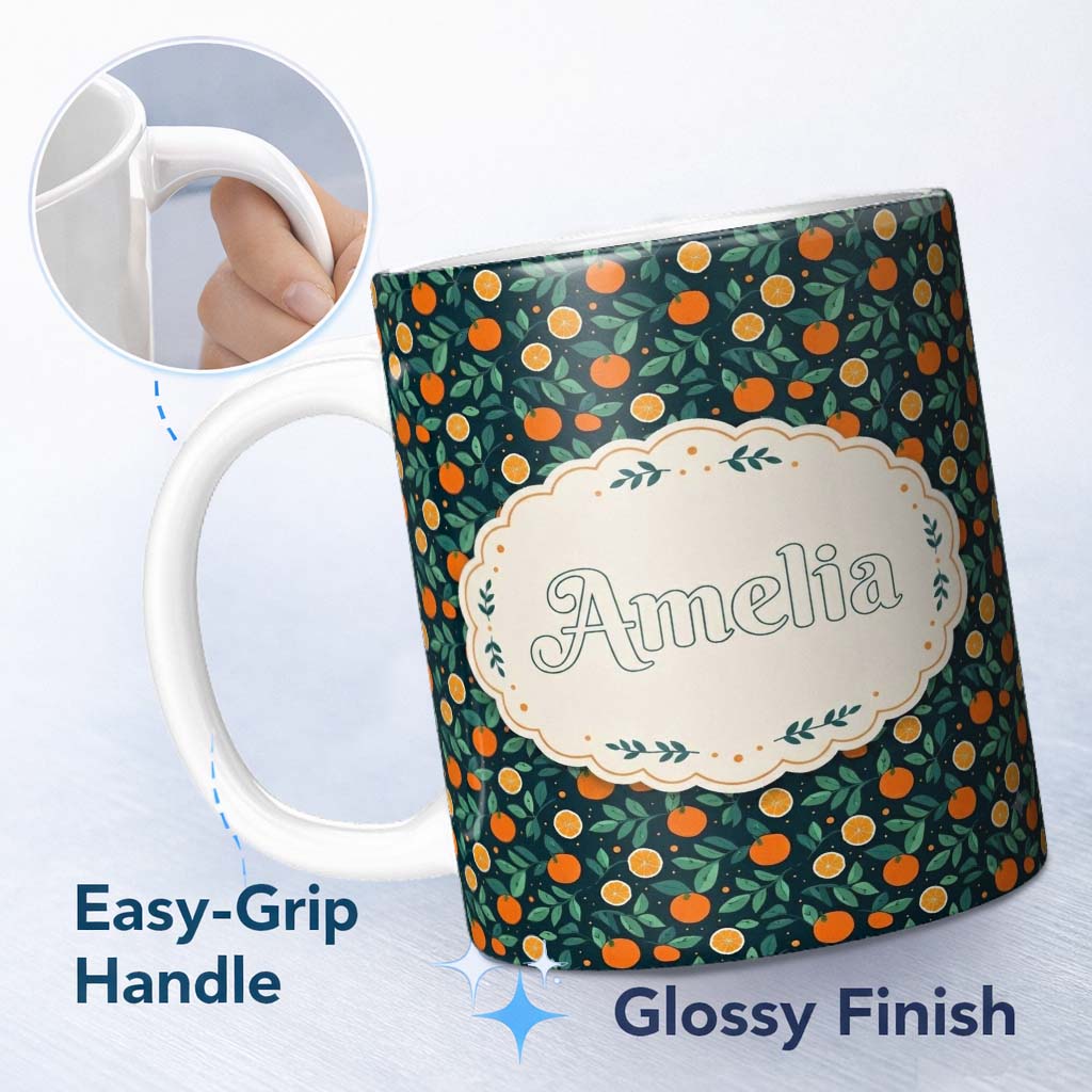 Personalized Custom Name Minimal Orange Fruit and Leaf Pattern on Dark Teal Background 11oz Ceramic Coffee Tea Mug White Large Handle