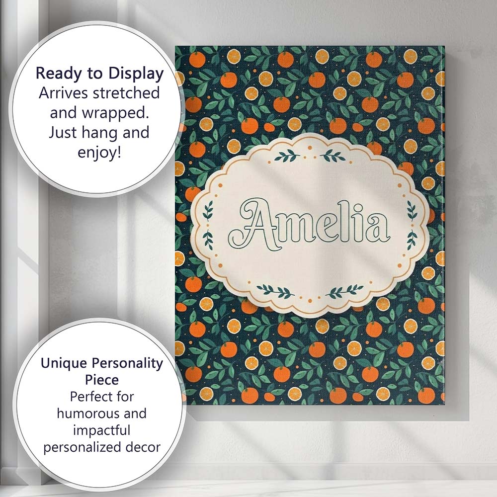 Personalised Name Minimal Orange Fruit and Custom  Unique Gift Idea Elegant Feature Canvas Wall Art Print Decor Picture Ready to Hang