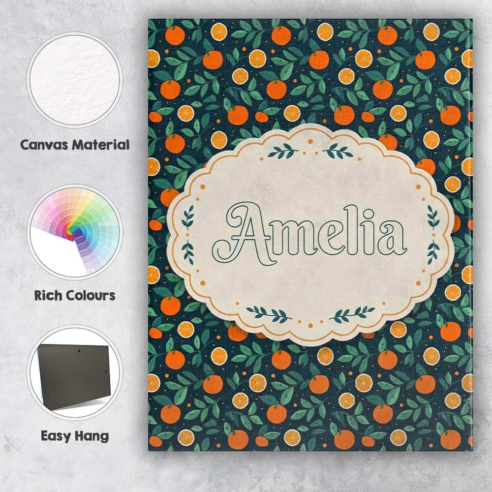 Personalised Name Minimal Orange Fruit and Custom  Unique Gift Idea Elegant Feature Canvas Wall Art Print Decor Picture Ready to Hang