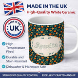 Personalized Custom Name Minimal Orange Fruit and Leaf Pattern on Dark Teal Background 11oz Ceramic Coffee Tea Mug White Large Handle