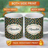 Personalized Custom Name Small Orange Fruit Toss Pattern on Dark Background Seamless Name 11oz Ceramic Coffee Tea Mug White Large Handle