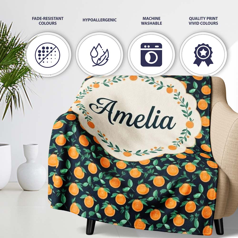 Small Orange Fruit Toss Pattern on Dark Background Seamless Name  Personalised Custom Name Super Soft Fleece Blanket Bed Sofa Throw