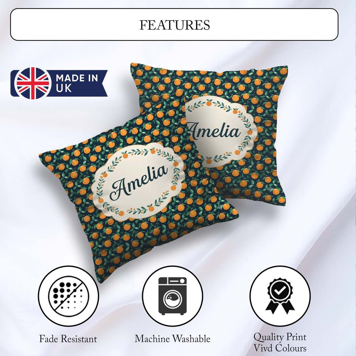 Custom Name Small Fruit Toss Pattern on Dark Background Seamless Square Filled Cushion Throw Pillow Sofa Bed Home Decor Zip Washable UK Made