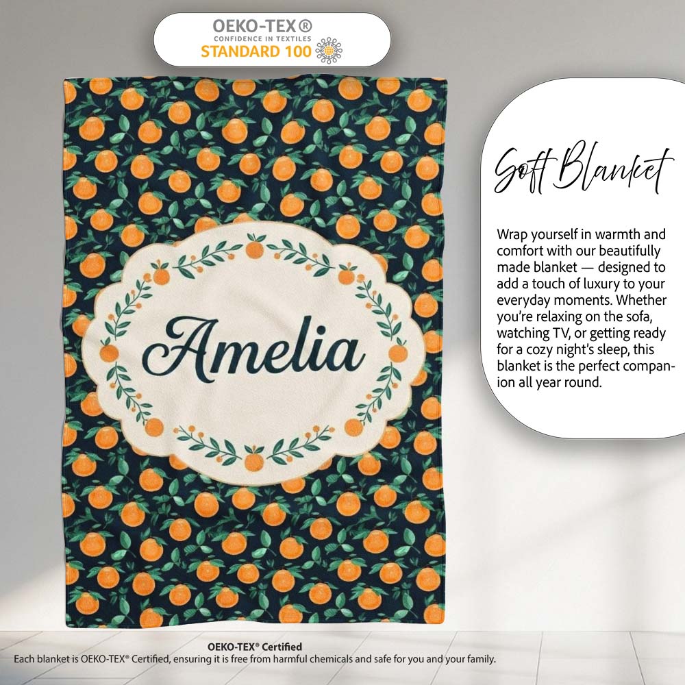 Small Orange Fruit Toss Pattern on Dark Background Seamless Name  Personalised Custom Name Super Soft Fleece Blanket Bed Sofa Throw