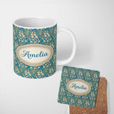 Personalized Custom Name Vintage Style Floral Botanical Pattern on Blue Background Seamless 11oz Ceramic Coffee Tea Mug White Large Handle