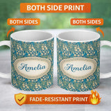 Personalized Custom Name Vintage Style Floral Botanical Pattern on Blue Background Seamless 11oz Ceramic Coffee Tea Mug White Large Handle