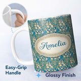 Personalized Custom Name Vintage Style Floral Botanical Pattern on Blue Background Seamless 11oz Ceramic Coffee Tea Mug White Large Handle