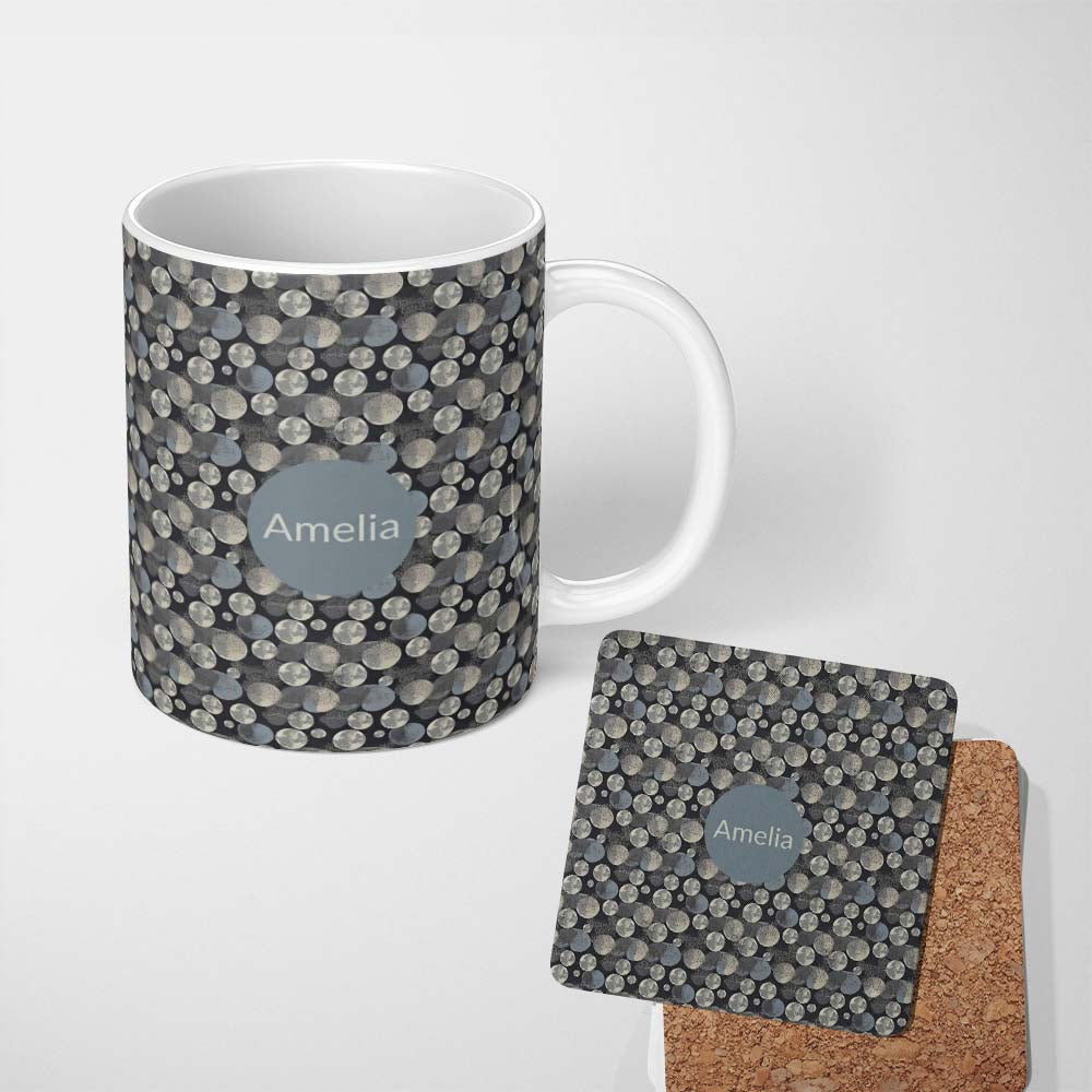 Personalized Custom Name Abstract Moon Phase Pattern on Dark Background Seamless Name Cute 11oz Ceramic Coffee Tea Mug White Large Handle