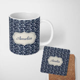 Personalized Custom Name Monochrome Bubble Circle Pattern on Deep Blue Background Seamless 11oz Ceramic Coffee Tea Mug White Large Handle