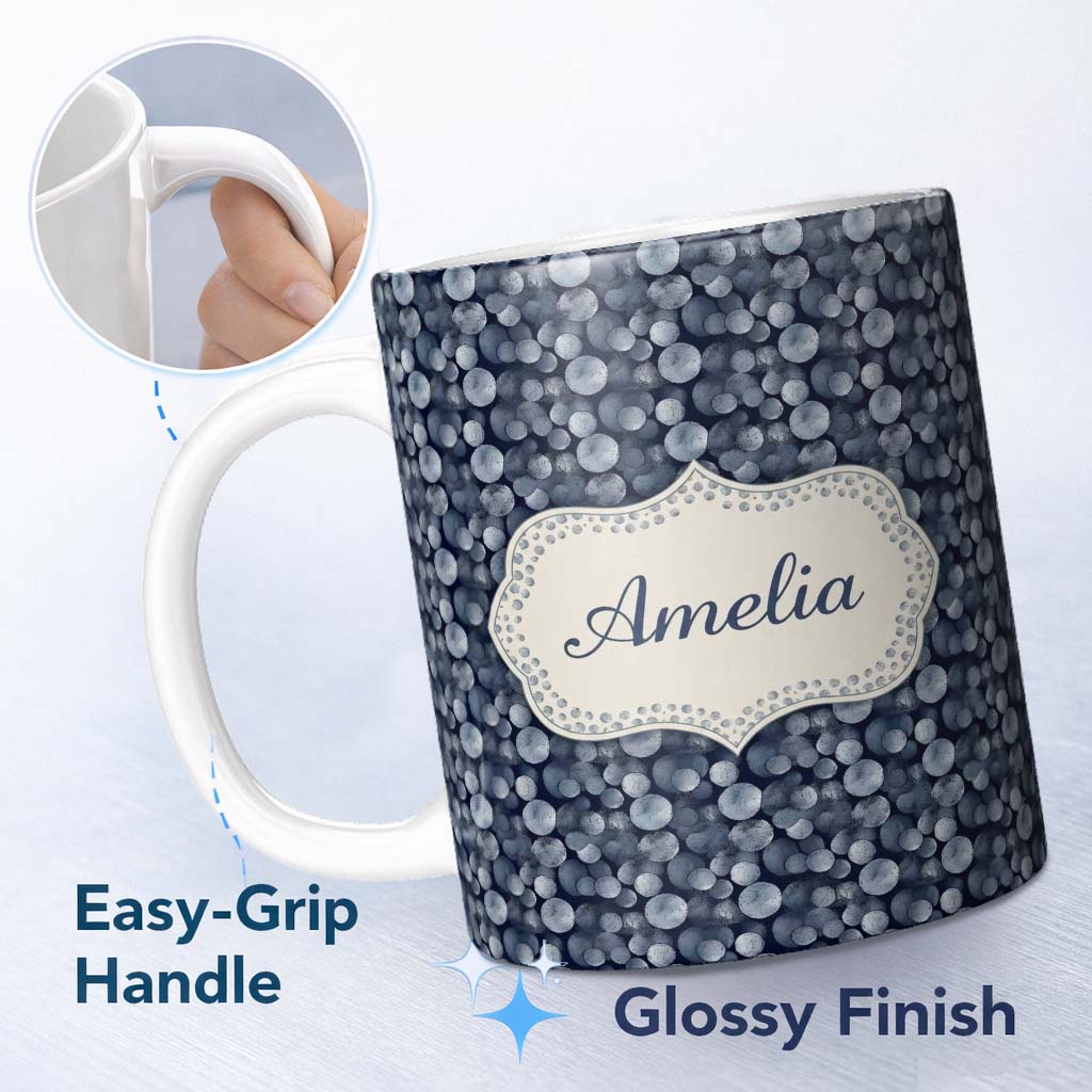 Personalized Custom Name Monochrome Bubble Circle Pattern on Deep Blue Background Seamless 11oz Ceramic Coffee Tea Mug White Large Handle