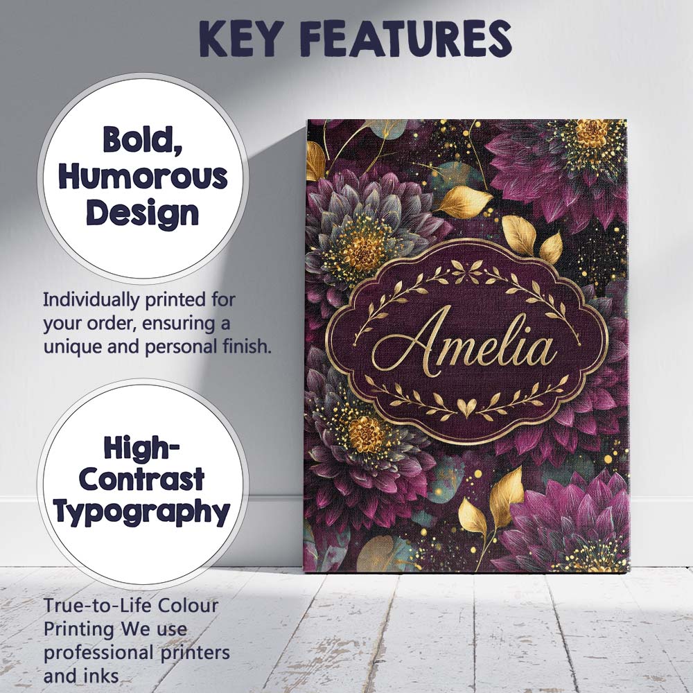 Personalised Name Luxury Dark Floral Gold Custom  Unique Gift Idea Elegant Feature Canvas Wall Art Print Decor Picture Ready to Hang