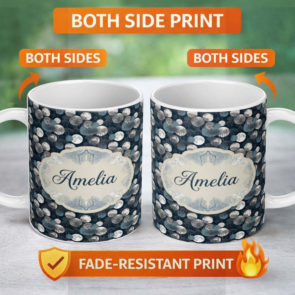 Personalized Custom Name Moonlit Forest Trees and Abstract Circles on Dark Blue Seamless 11oz Ceramic Coffee Tea Mug White Large Handle