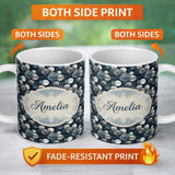 Personalized Custom Name Moonlit Forest Trees and Abstract Circles on Dark Blue Seamless 11oz Ceramic Coffee Tea Mug White Large Handle