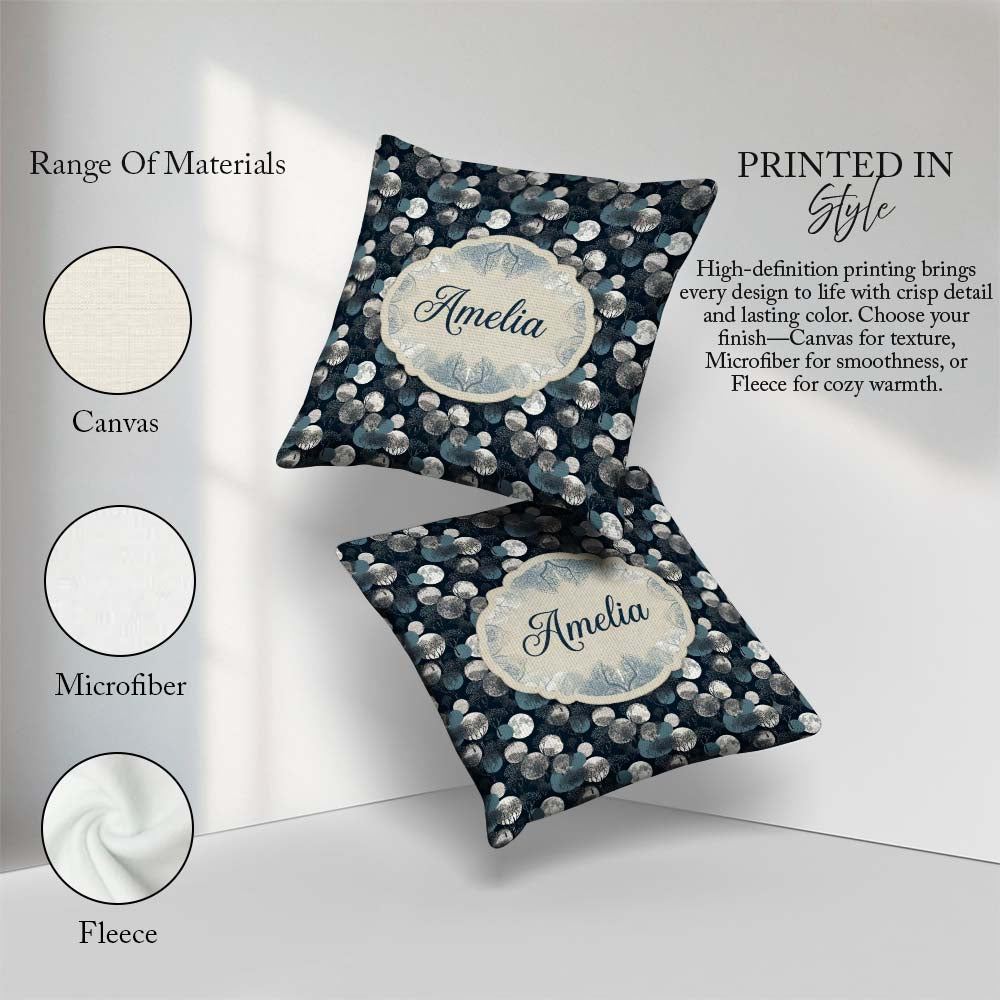 Custom Name Moonlit Forest and Abstract Circles on Dark Seamless Square Filled Cushion Throw Pillow Sofa Bed Home Decor Zip Washable UK Made