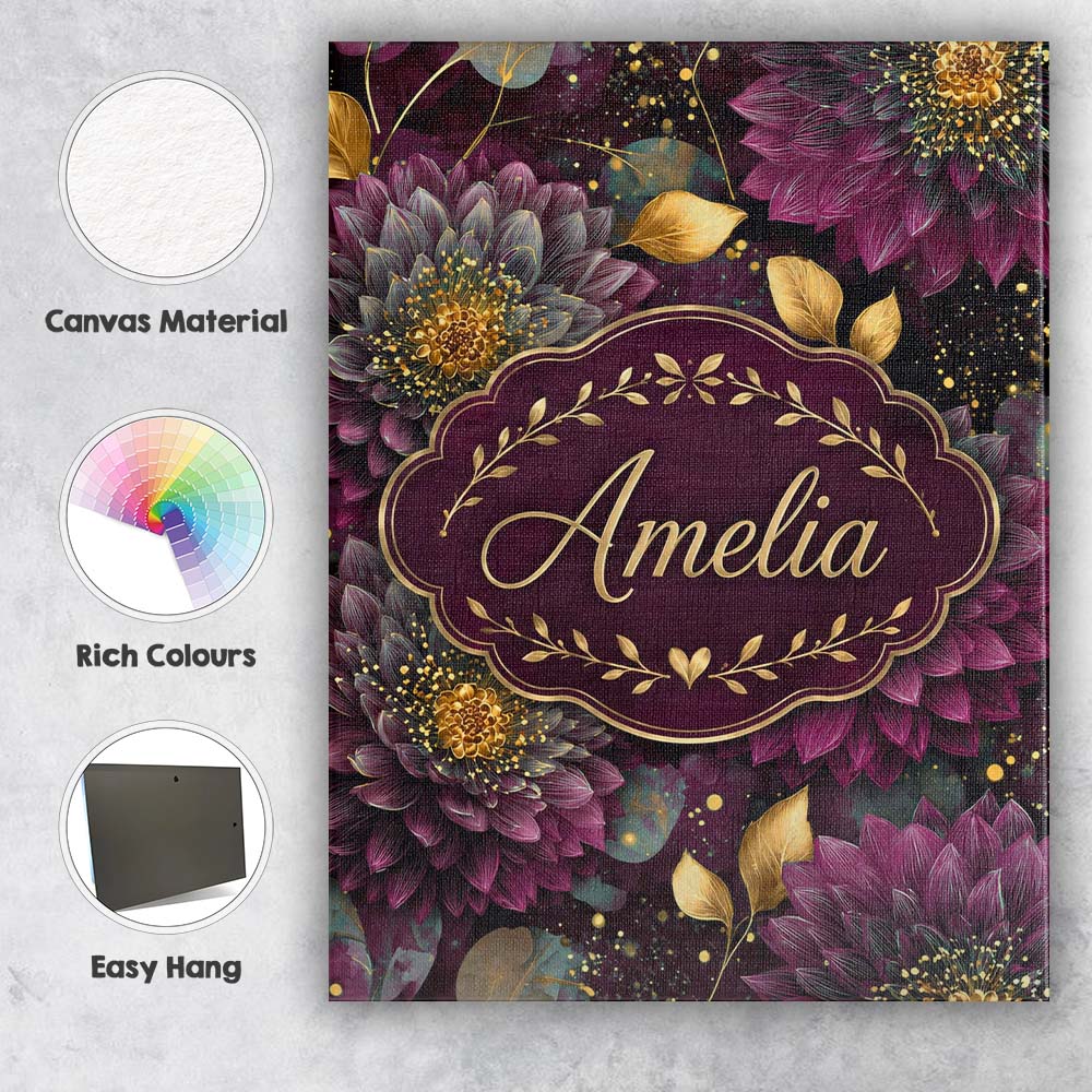 Personalised Name Luxury Dark Floral Gold Custom  Unique Gift Idea Elegant Feature Canvas Wall Art Print Decor Picture Ready to Hang