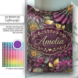 Luxury Dark Floral Gold Leaf Seamless Pattern on Black Background  Personalised Custom Name Super Soft Fleece Blanket Bed Sofa Throw