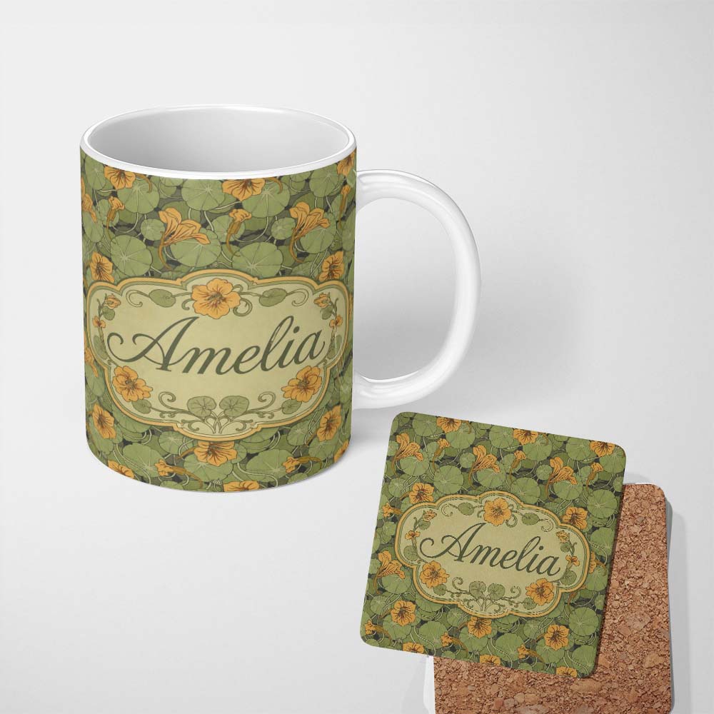 Personalized Custom Name Vintage Botanical Leaves and Flowers Pattern on Green Background 11oz Ceramic Coffee Tea Mug White Large Handle