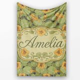 Vintage Botanical Leaves and Flowers Pattern on Green Background  Personalised Custom Name Super Soft Fleece Blanket Bed Sofa Throw