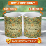 Personalized Custom Name Vintage Botanical Leaves and Flowers Pattern on Green Background 11oz Ceramic Coffee Tea Mug White Large Handle