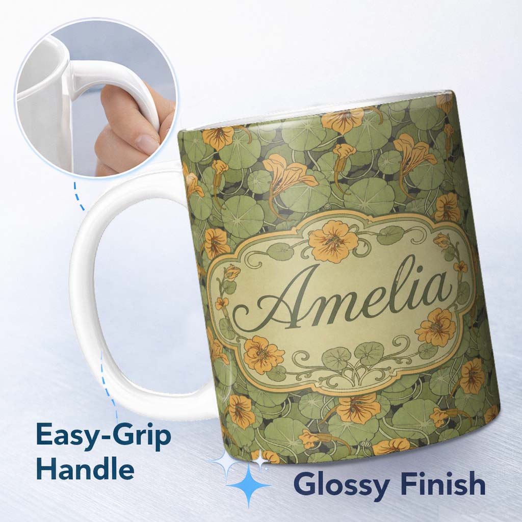 Personalized Custom Name Vintage Botanical Leaves and Flowers Pattern on Green Background 11oz Ceramic Coffee Tea Mug White Large Handle