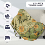 Vintage Botanical Leaves and Flowers Pattern on Green Background  Personalised Custom Name Super Soft Fleece Blanket Bed Sofa Throw
