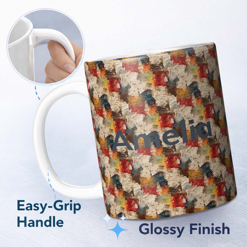 Personalized Custom Name Abstract Textured Paint Brush Pattern in Warm Tones Seamless Name 11oz Ceramic Coffee Tea Mug White Large Handle