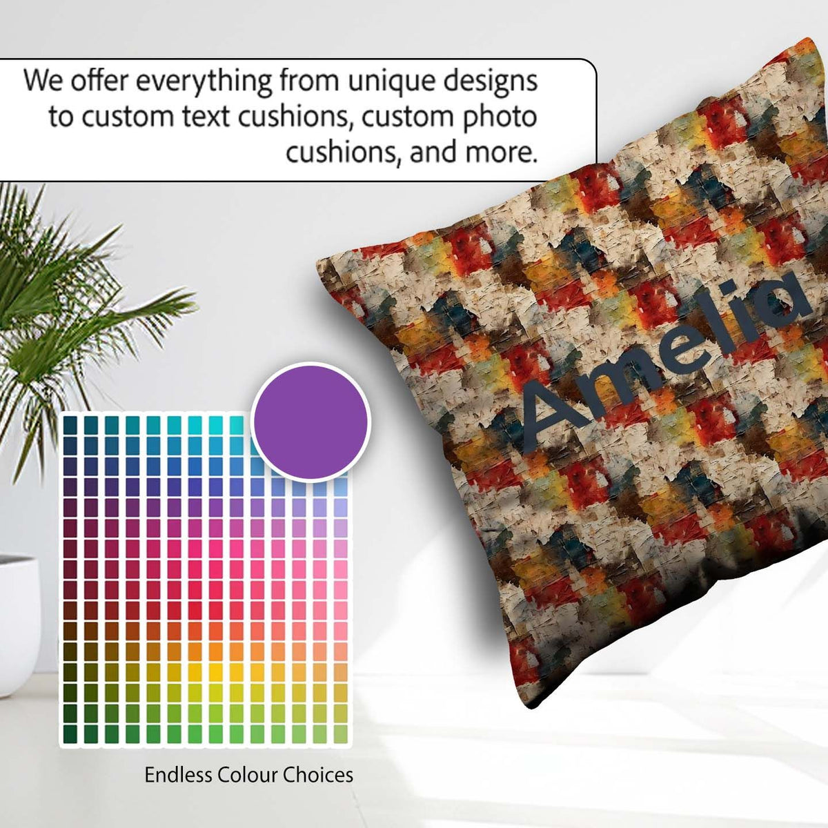 Custom Name Abstract Textured Paint Brush in Warm Tones Seamless Square Filled Cushion Throw Pillow Sofa Bed Home Decor Zip Washable UK Made
