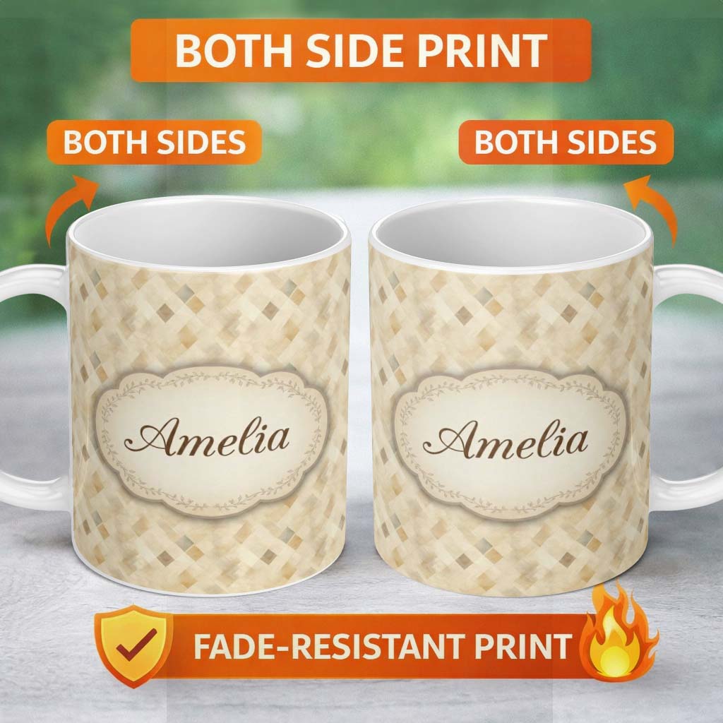Personalized Custom Name Soft Neutral Geometric Diamond Pattern on Beige Background Seamless 11oz Ceramic Coffee Tea Mug White Large Handle