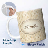 Personalized Custom Name Soft Neutral Geometric Diamond Pattern on Beige Background Seamless 11oz Ceramic Coffee Tea Mug White Large Handle