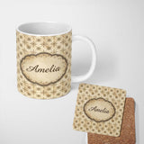 Personalized Custom Name Classic Ornamental Tile Pattern in Beige Tones Seamless Name Cute 11oz Ceramic Coffee Tea Mug White Large Handle